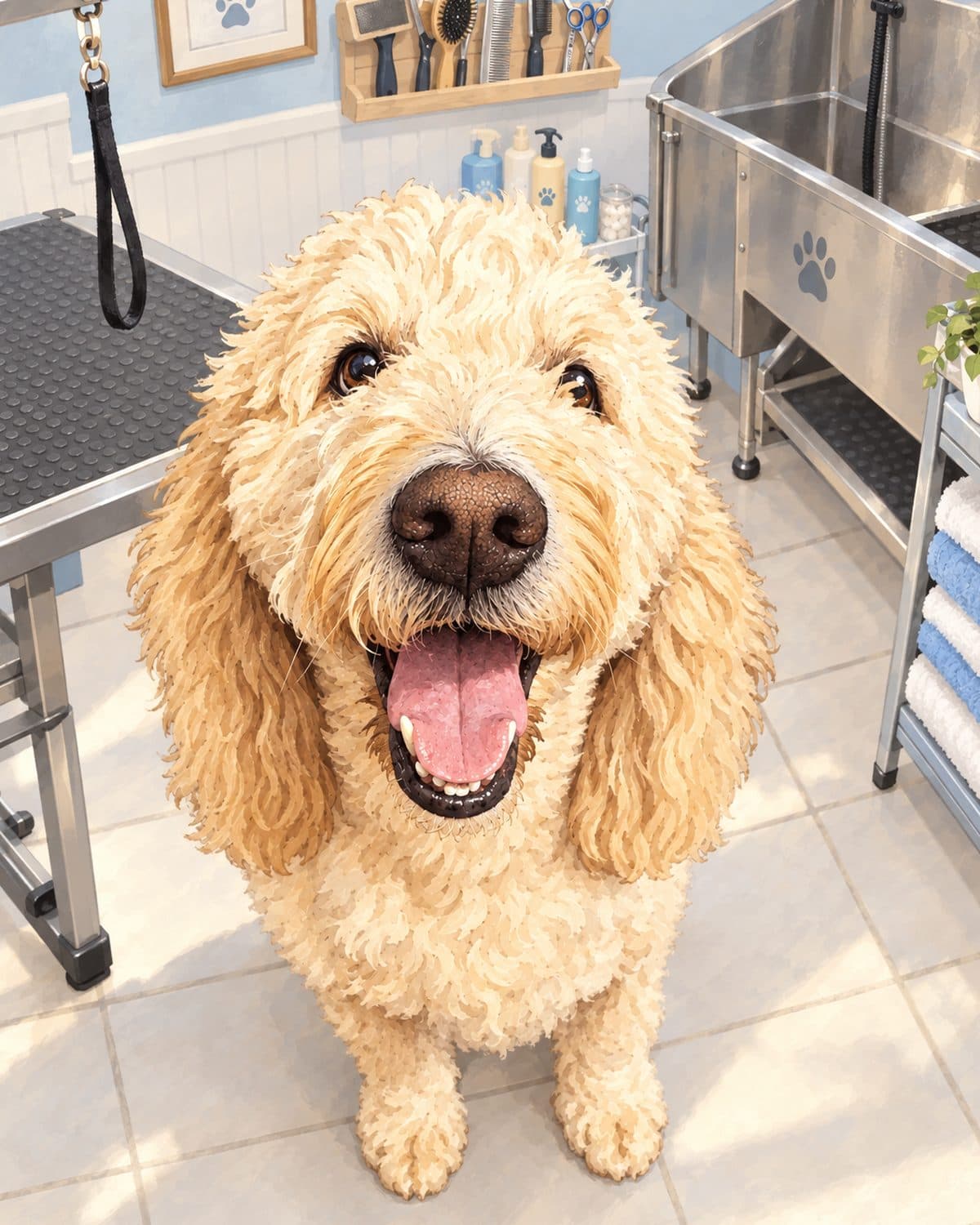 Illustration of a smiling cream doodle sitting in a grooming salon, with a grooming table, tub and brushes behind him